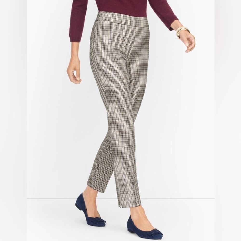 🌺 Talbots Tan Black Burgundy Plaid Chatham Ankle Cropped High Waist Pants Sz 10P